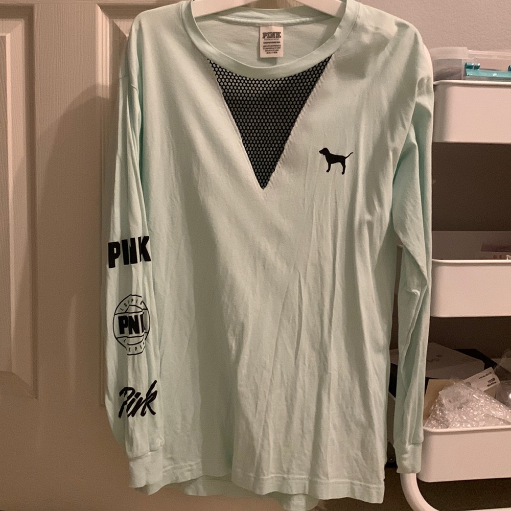 Victoria’s Secret PINK mint blue green long sleeve fishnet vneck